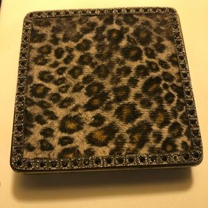 VINTAGE 1990’s LEOPARD FAUX FUR AND JEWELED TRIM BRASS BOX